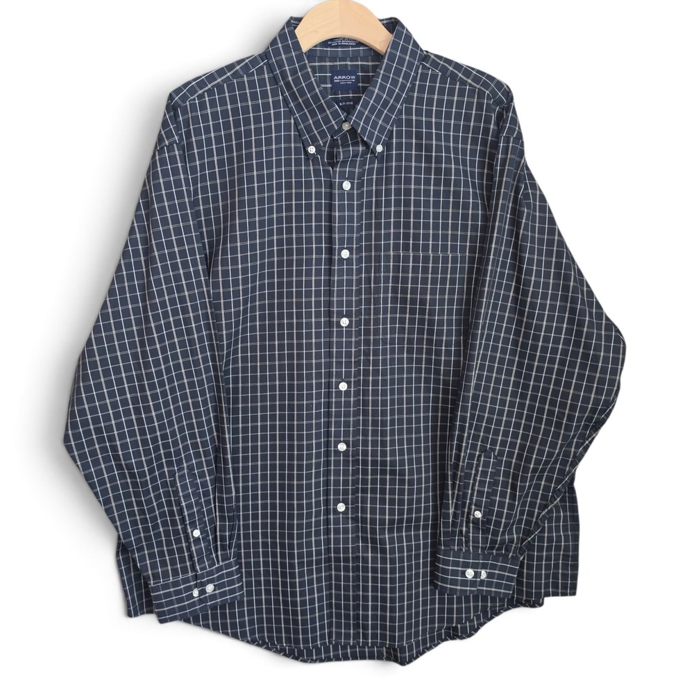 Arrow Dress Shirt Mens XL 17-17.5 Black Plaid Pinpoint Oxford Long Sleeve Career
